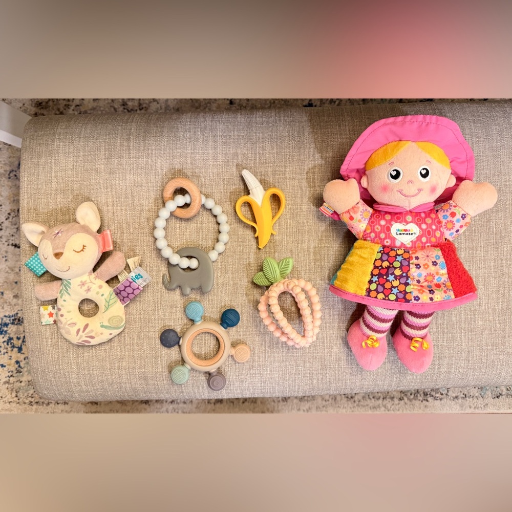 6 Infant teething toys rattles deer, berry, doll, elephant, silicone, & banana